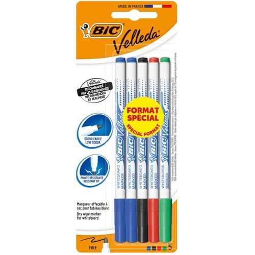 Marqueur BIC Velleda pointe fine - Couleurs Assorties, Pochette de 5