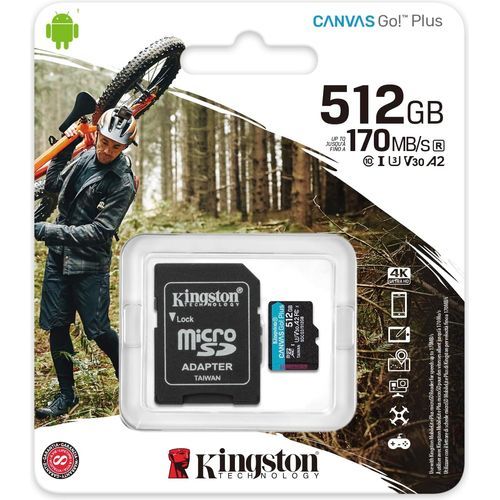 Carte mémoire microSD Plus Kingston Canvas Go! Plus 512 Go – Ultra rapide UHS-I U3 V30