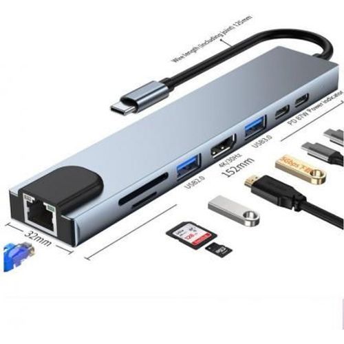 Adaptateur 8 en 1, Type-c vers 2 ports USB 3.0,HDMI,SD/TF Card PD,RJ45