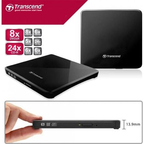 Lecteur et Graveur DVD Externe Transcend USB 2.0 ultra fin 8X DVD-R/RW - 24X CD-R/RW - 2